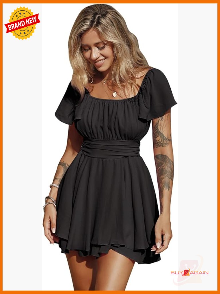 Ruffle Sleeve Tie Back Romper Dress Square Neck A Line Summer Short Jumpsuit